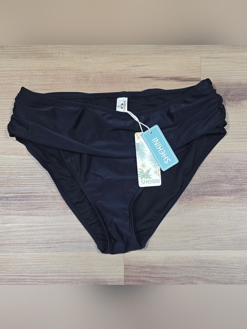 NWT SHEKINI Black Ruched Mid Waisted Bikini Bottoms -  Size L